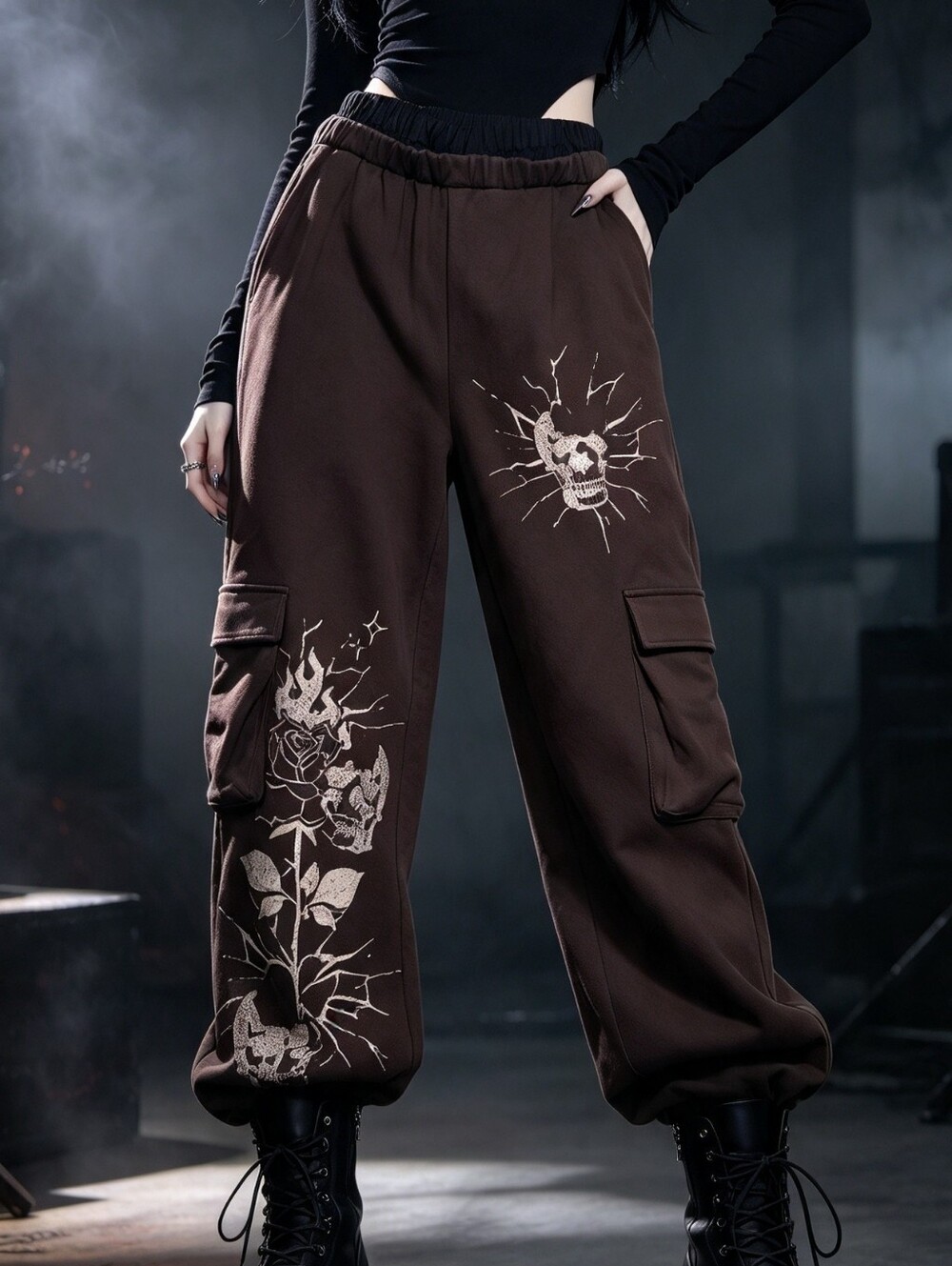 Hot Topic Brown Skull Rose Graphic Cargo Sweatpants Joggers Size M